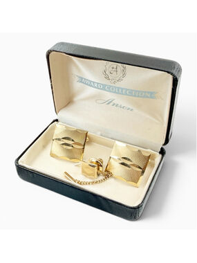 Vintage Anson Gold Plated Cufflinks Tie Tack Set 1950s Mid Century Mens Jewelry